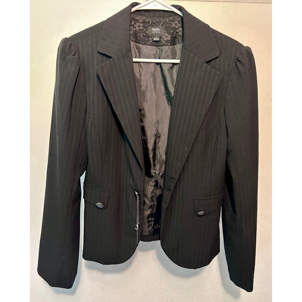 Mossimo Black Pinstripe Blazer Puffed Shoulder Lace Back Chain Detail Large